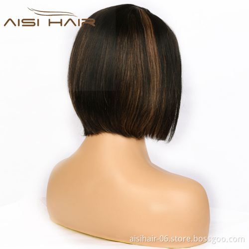 Aisi Hair Cheap Vendors  Black Mixed Brown Bob Short Highlight Low Price Brazilian Straight Lace Wig 100% Human Hair